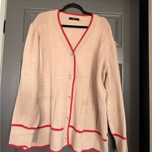 Chic Beige Cardigan with Red Trim